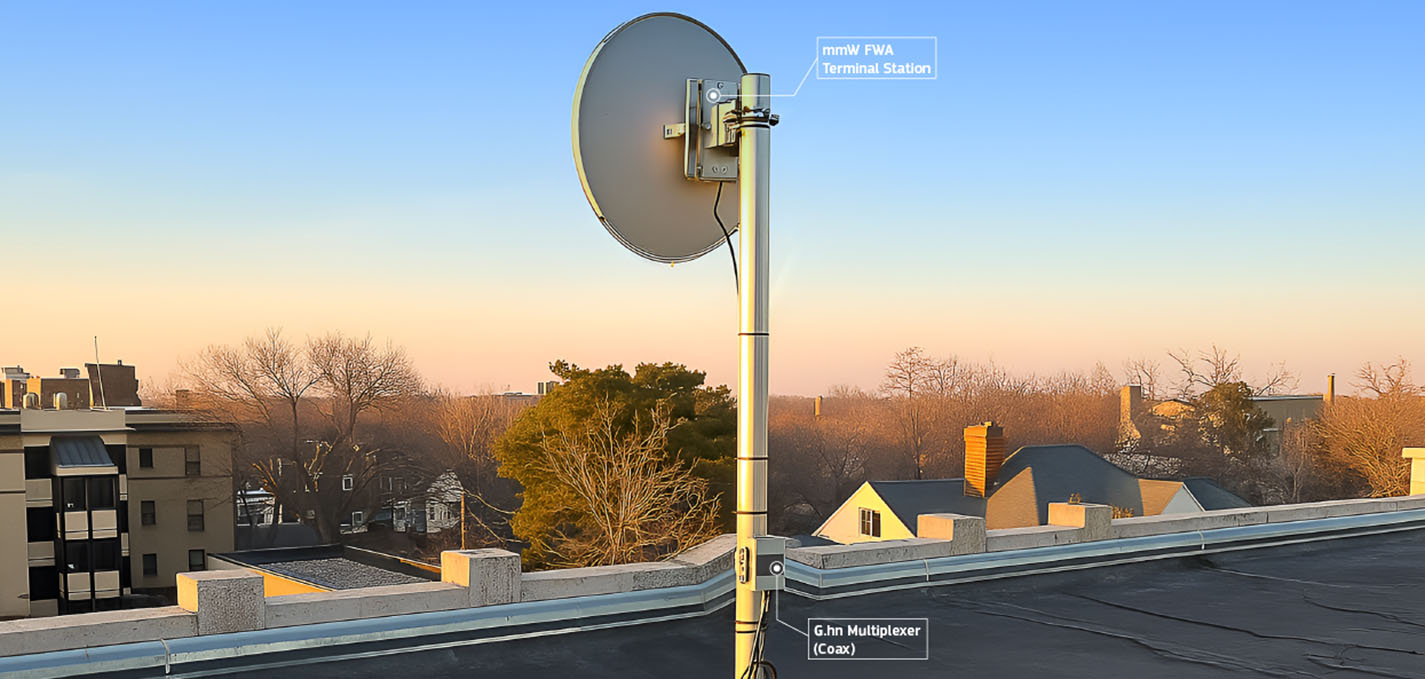 A rooftop mmWave FWA terminal dish mounted on a mast with a labeled G.hn multiplexer (coax); suburban houses and trees at dusk