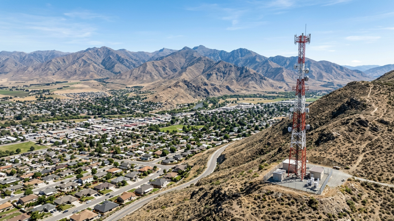 Microwave transmission tower overlooking a town surrounded by mountains