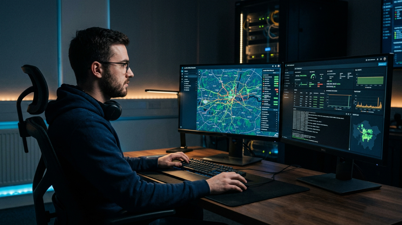 Network engineer reviewing coverage maps and network performance dashboards