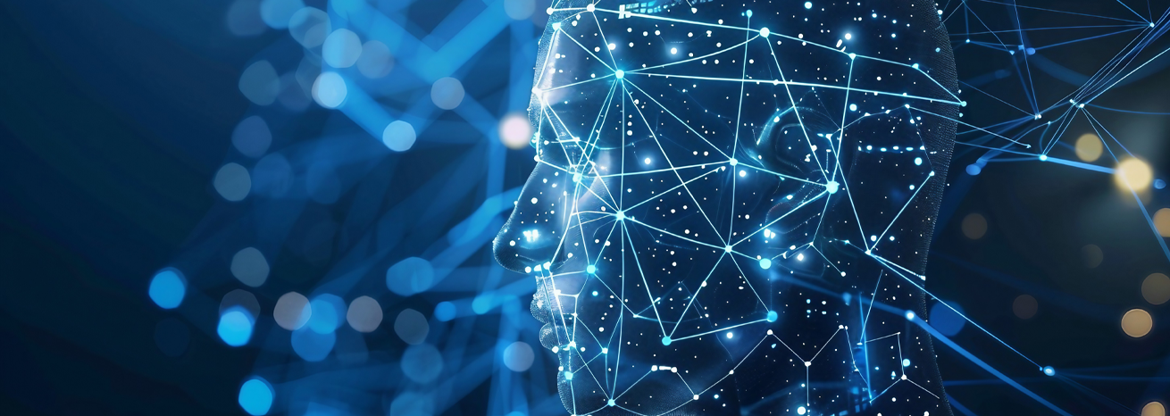abstract representation of network connection of lighting dots shaping a human face
