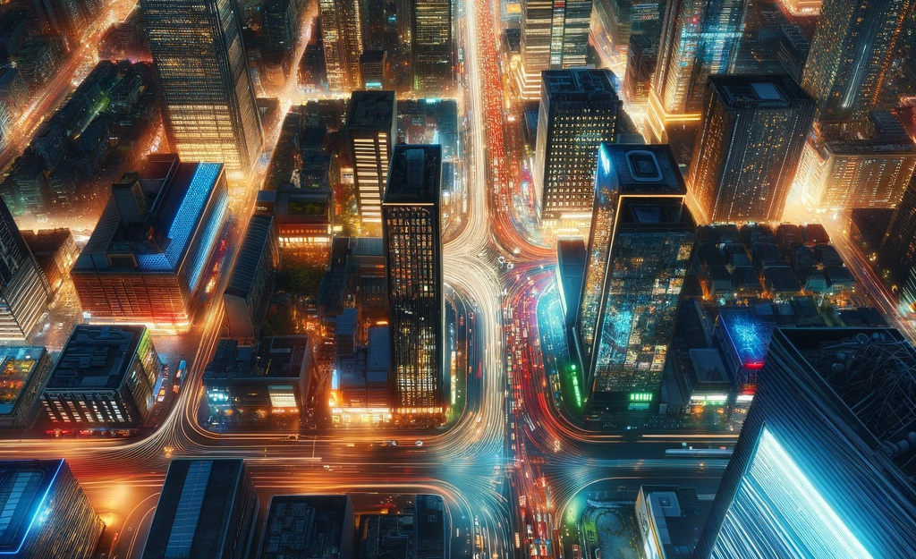 image of aerial view of an urban scene with city lights