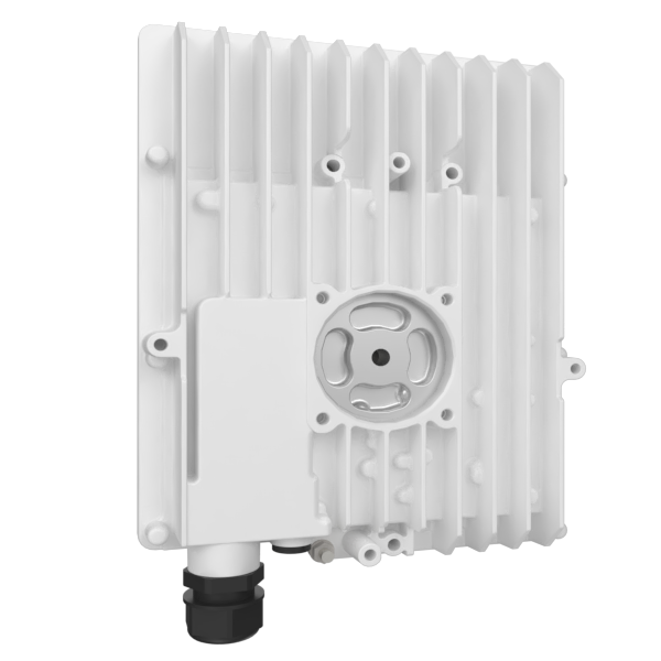 White outdoor telecom radio unit with heat-sink fins and mounting plate, front view.
