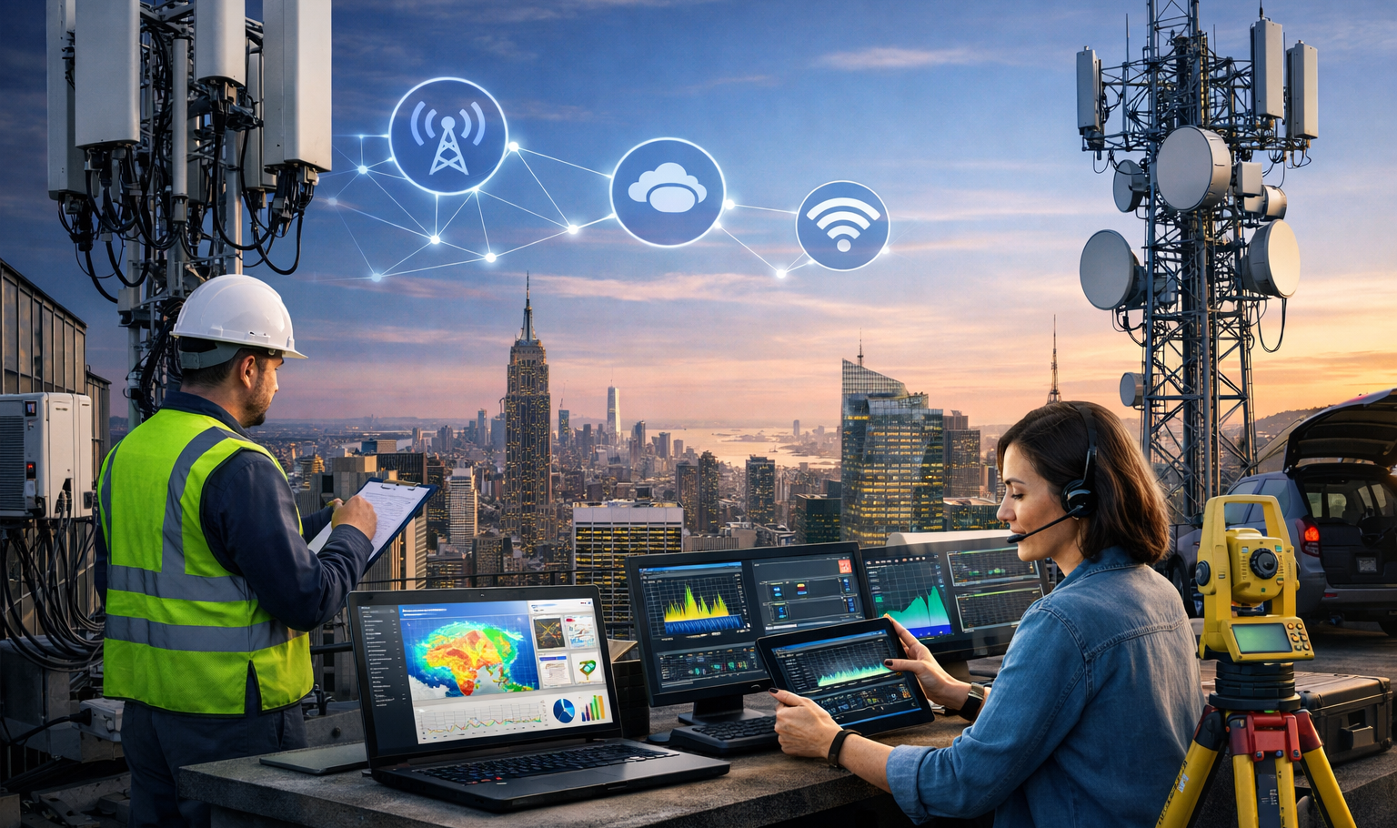 engineers planning and optimizing a wireless telecommunications network